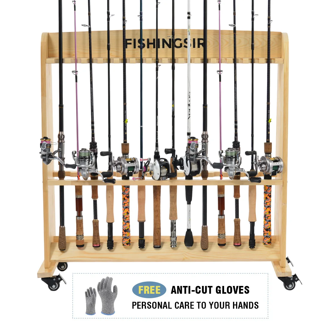 FISHINGSIR Fishing Rod Rack 28 Wood Rod Holder with Wheels 